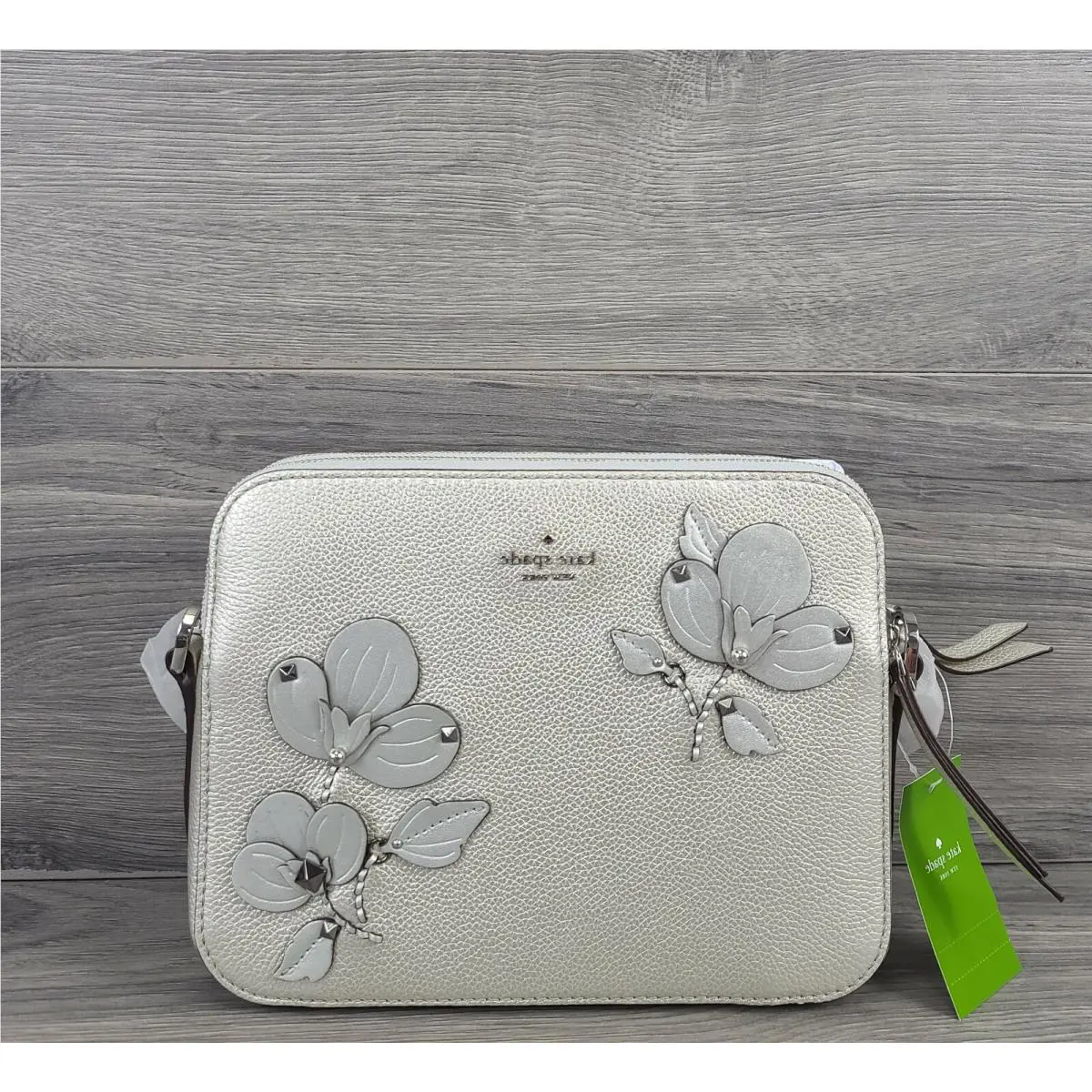 Kate Spade Crossbody Larchmont Avenue Floral Applique Leather Camera Bag Silver