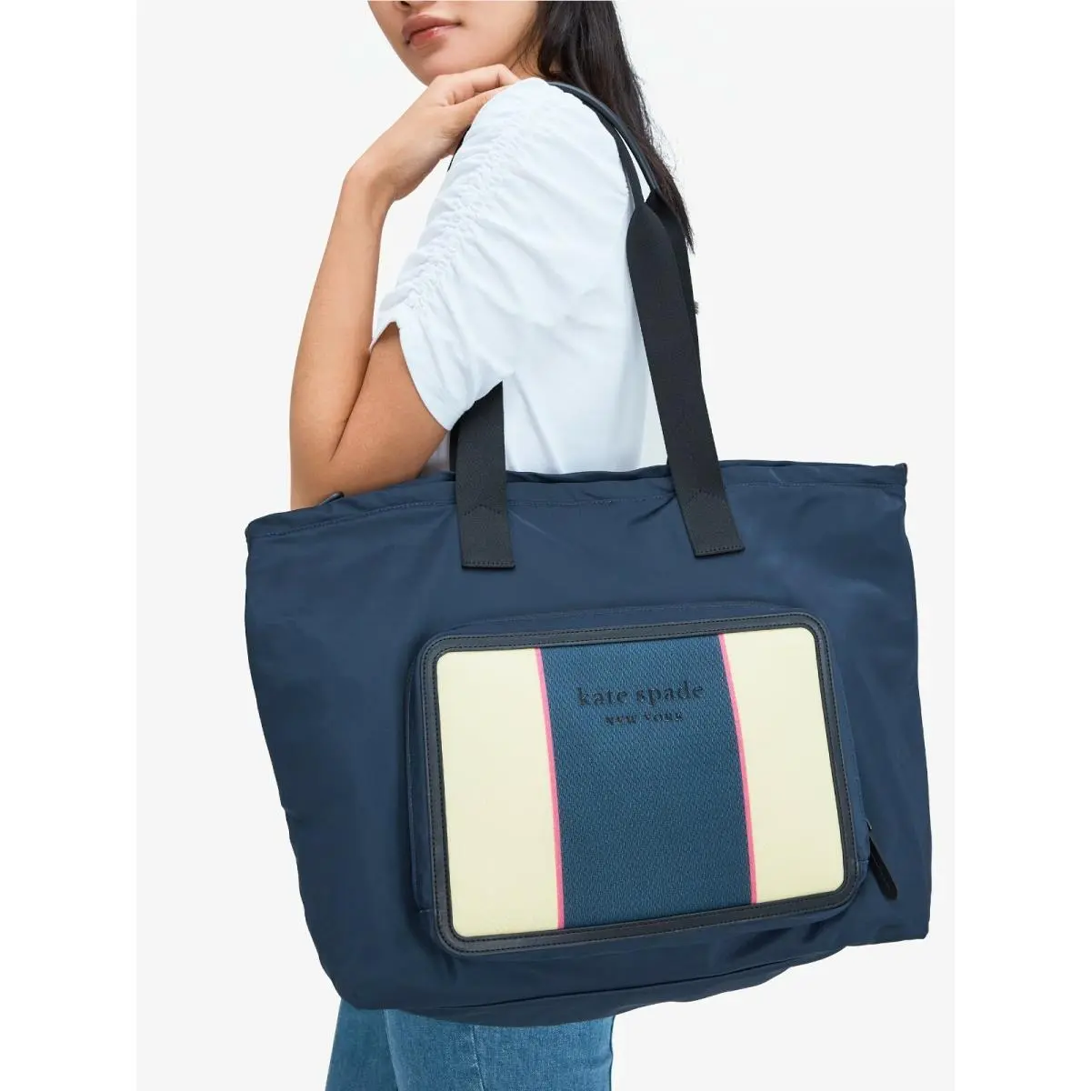 Kate Spade Journey Large Packable Tote Navy Nylon Yellow PXRUB305 FS