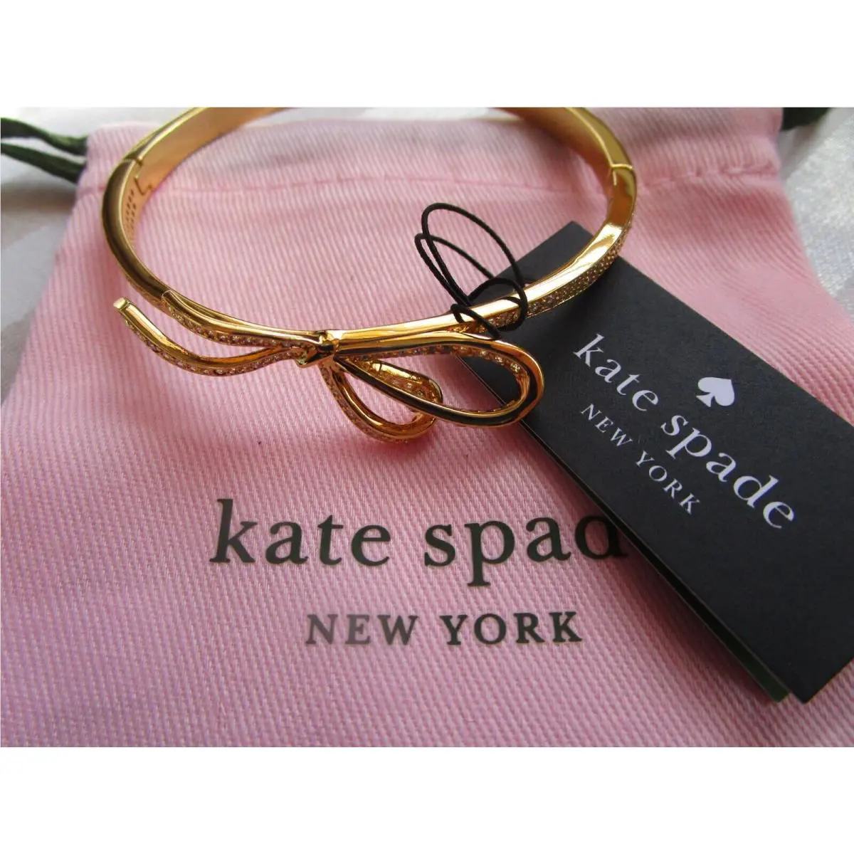 New Kate Spade Bow Ribbon Bracelet Gold Tone with Crystals 7