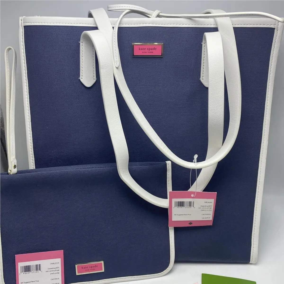 Kate Spade Canvas Plunge Blazer Blue Medium Tote + Small Wristlet New W/tags