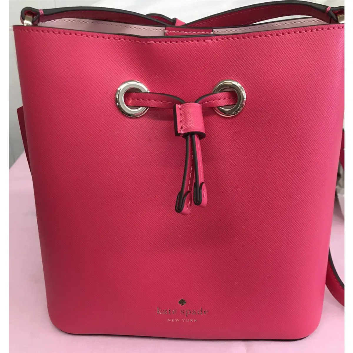 Kate Spade Bright Pink Leather Bucket Crossbody Drawstring Bag. New