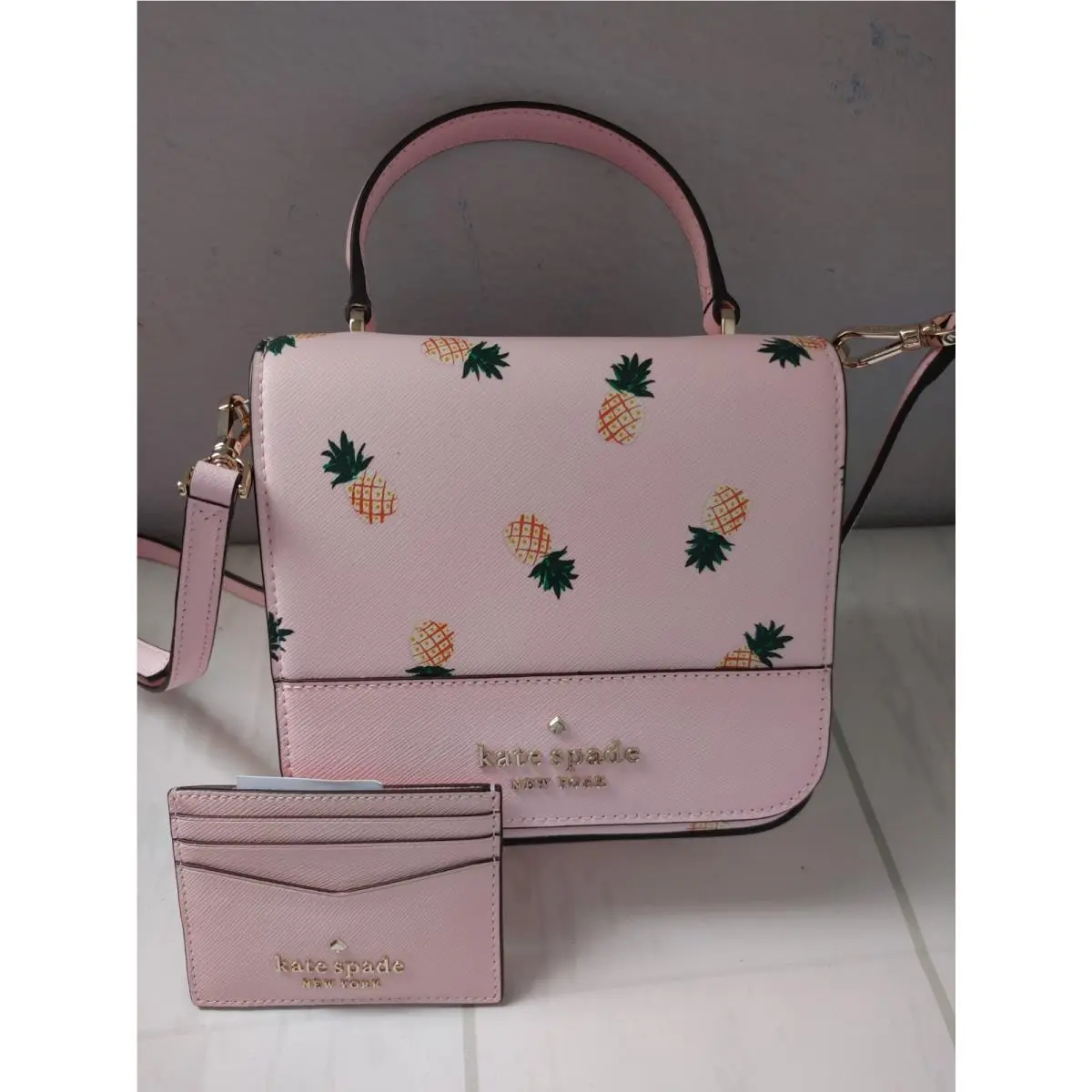 Kate Spade Staci Pineapple Square Crossbody Small Cardholder Pink Multi