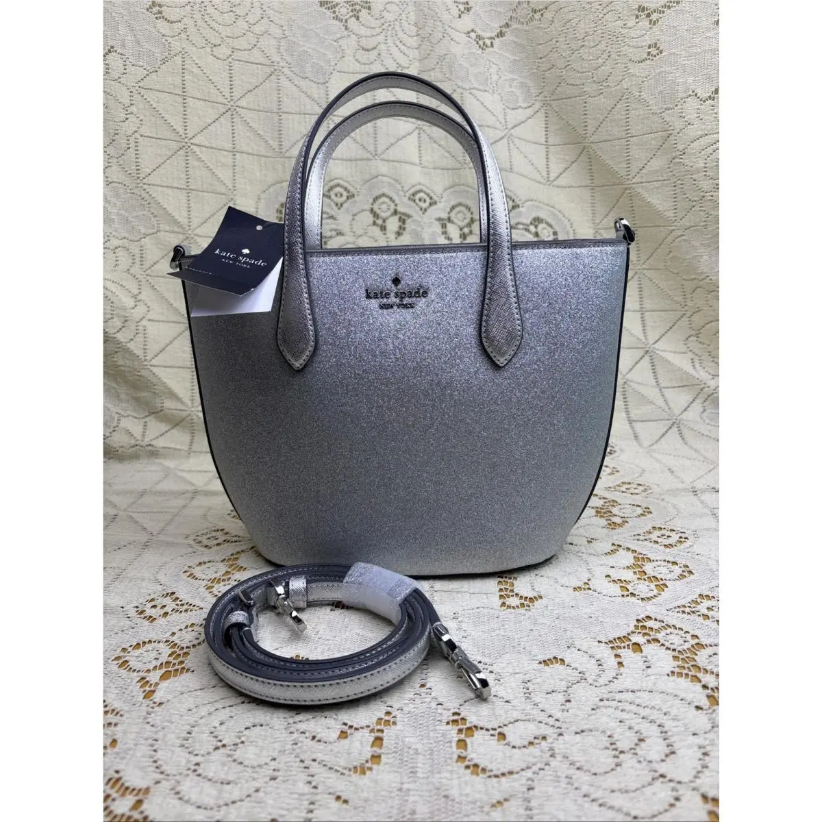 New York Glimmer Shimmering Silver Glitter Satchel Crossbody by Kate Spade