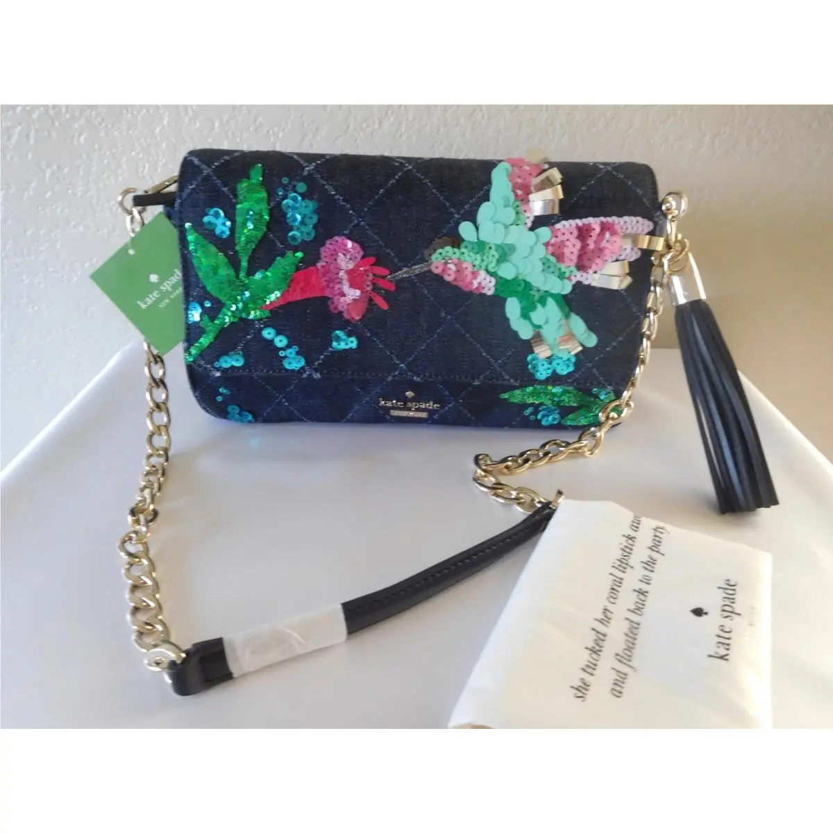 New Kate Spade New York Emerson Place Hummingbird Serena Dark Denim Shoulder Bag