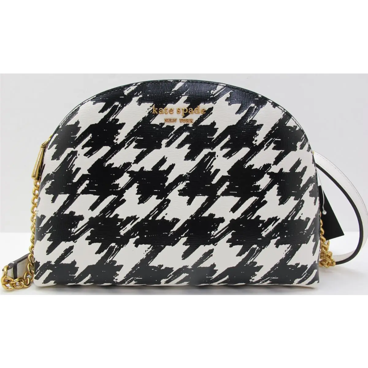 New Kate Spade Morgan Leather Painterly Houndstooth Crossbody Black White Gold