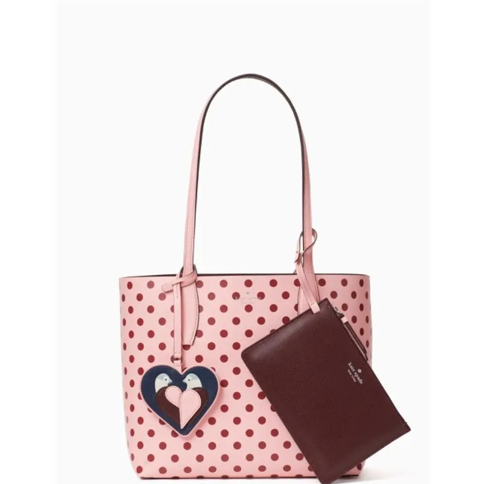 Kate Spade Arch Love Birds Reversible Tote Polka Dot Leather RP Pink