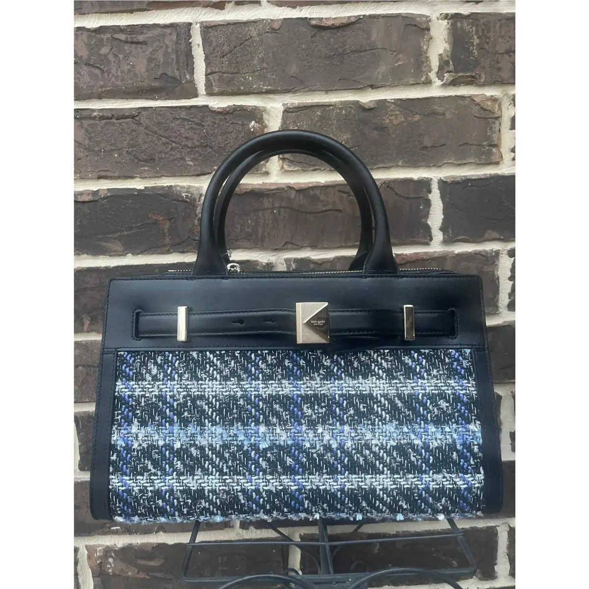 Kate Spade Deco Plaid Tweed Leather Medium Satchel Black Blue