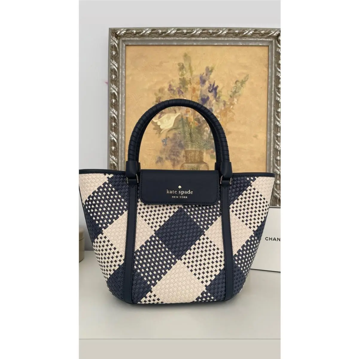Kate Spade Cruise Gingham Medium Striped Straw Tote Crossbody Blazer Blue