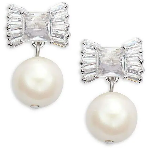 Kate Spade New York le Soir` Bow and Pearl Post Drop Earrings Silver Ivory Bride