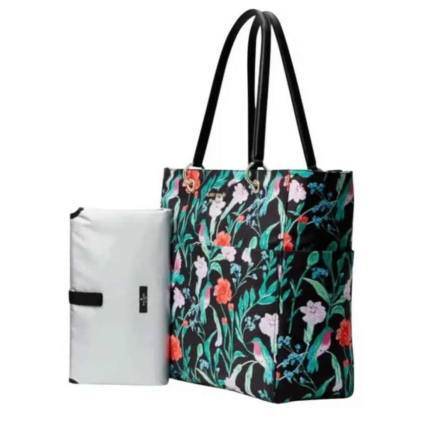 Kate Spade Watson Lane Pauline Floral/green/red Black Diaper Bag W/change Pad