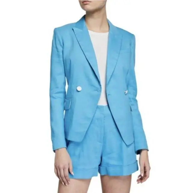 Rag Bone Women`s Fletcher Linen Blend Double Breasted Blazer Blue 8 Preppy