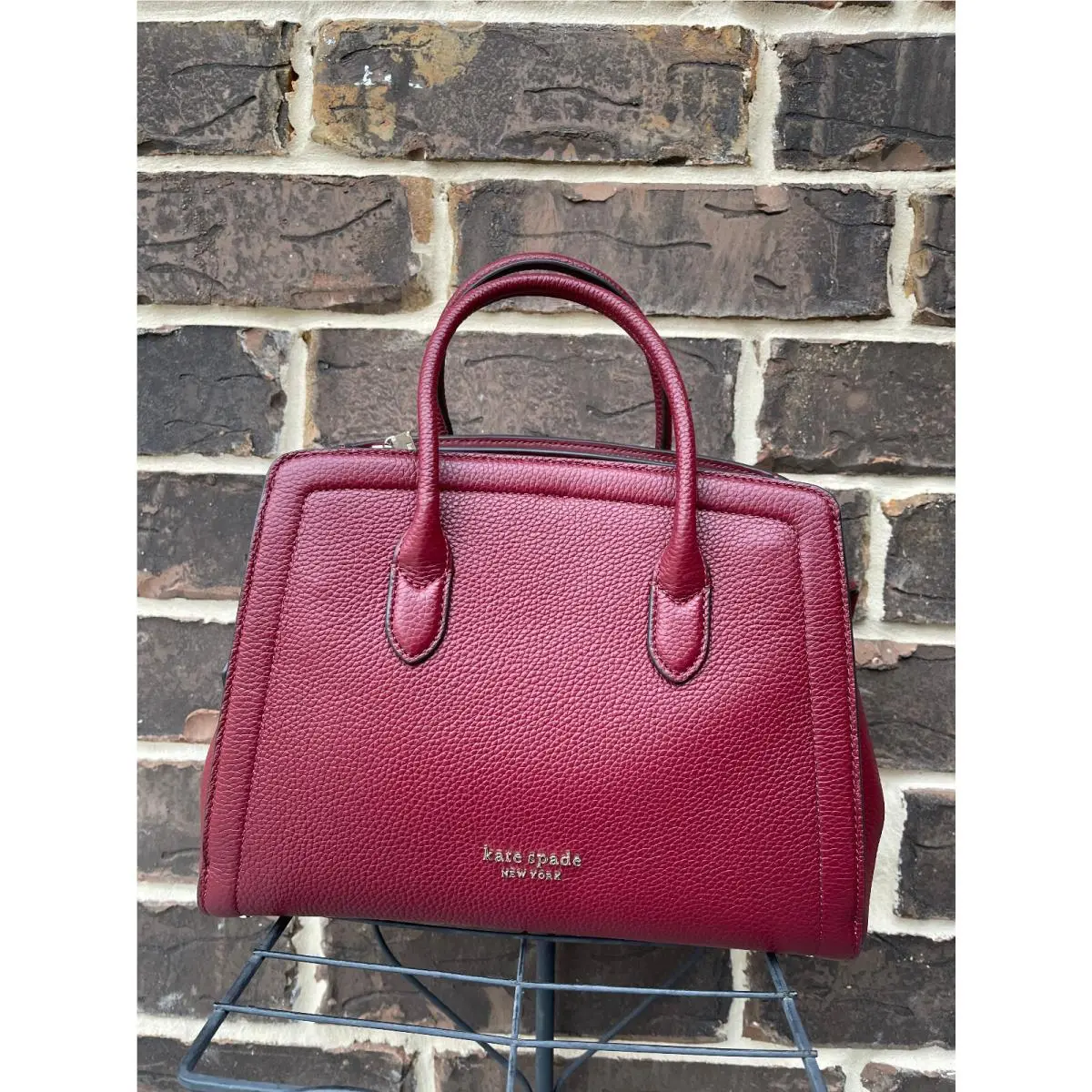 Kate Spade Knott Medium Satchel Pebbled Leather Bag Wine Deep Red