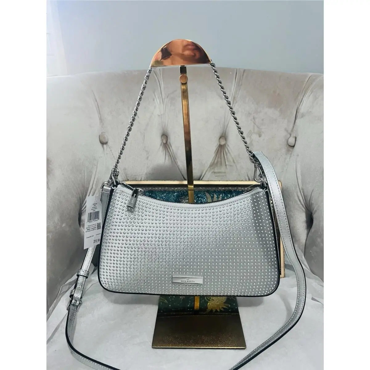 Kate Spade Madison Hot Fixed Studs Medium Crystal Hobo Bag Crossbody Silver New