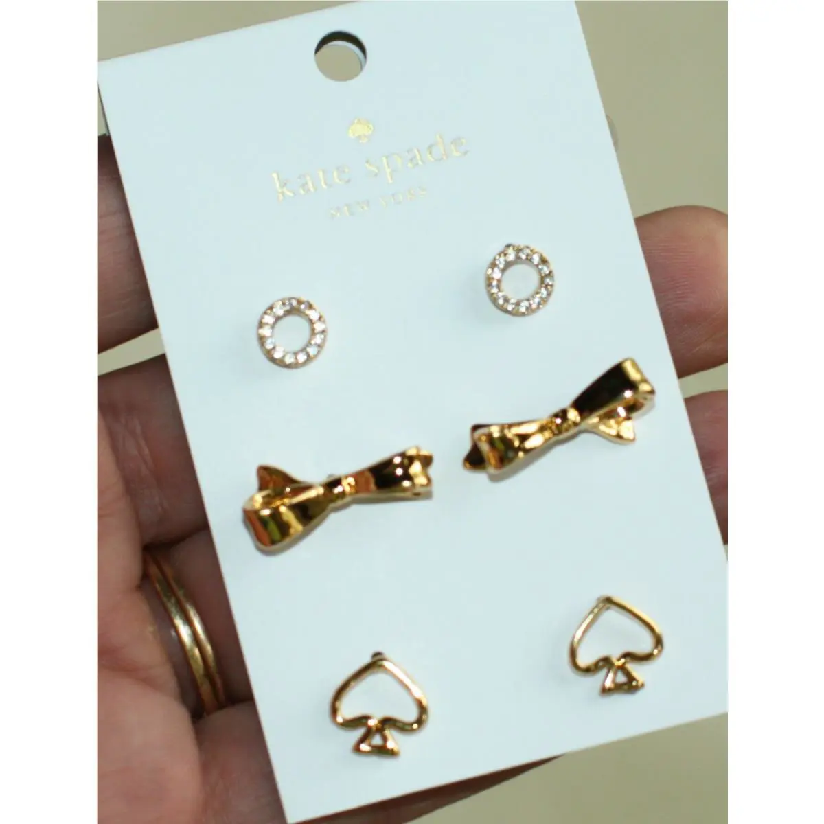 Kate Spade NY Set 3 Gold Love Notes Skinny Bow Stud Earrings Circles Spades Lot