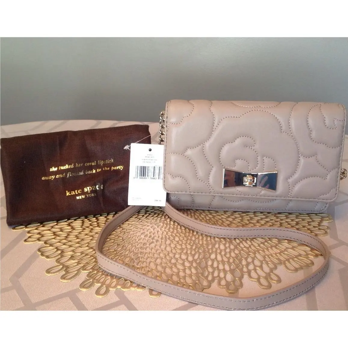 Kate Spade Sedgewick Lane Rose Avalon Leather Crossbody Warm Putty Clutch Bow