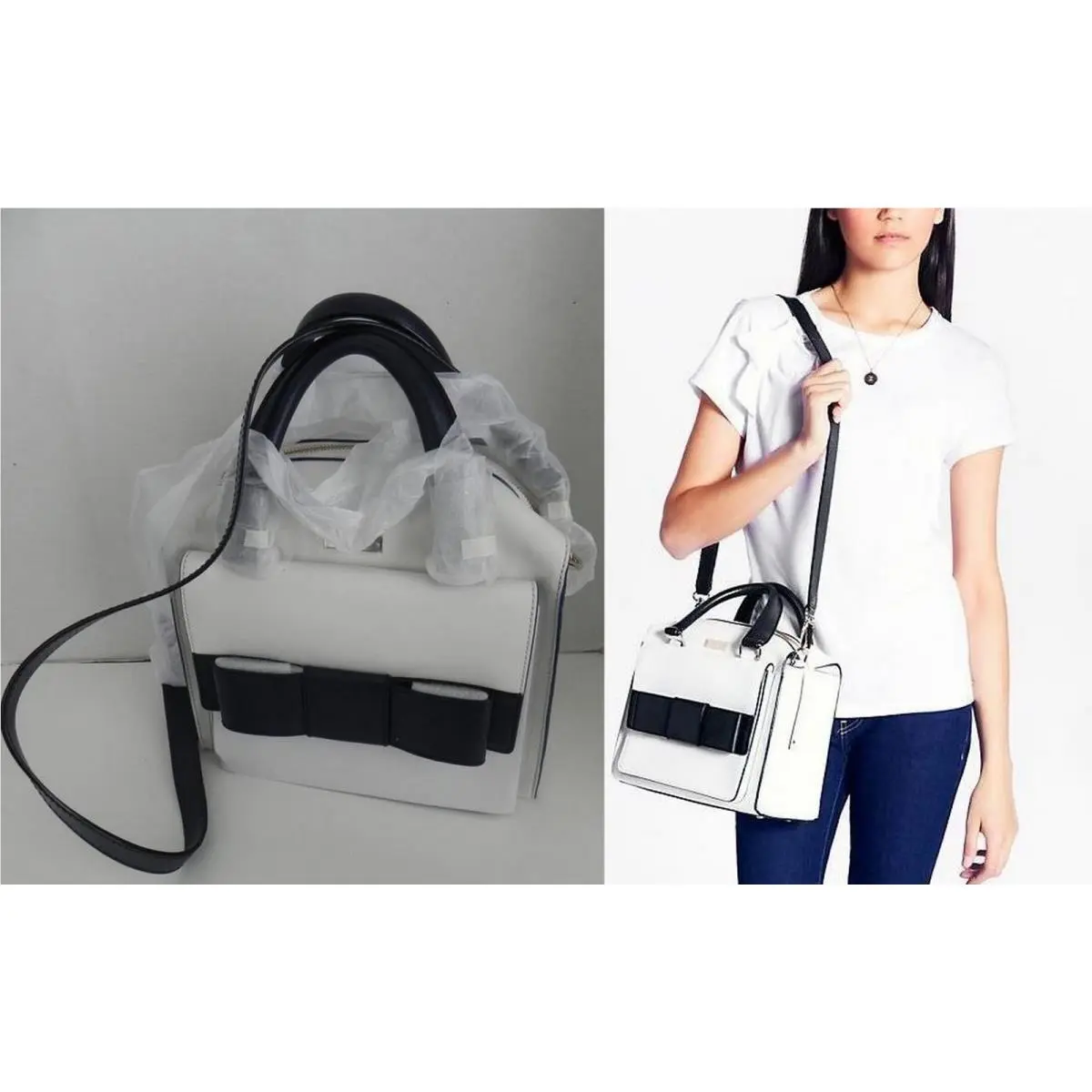 Kate Spade Bridge Little Kennedy Cement White Black Bow Color-block Handbag Bag
