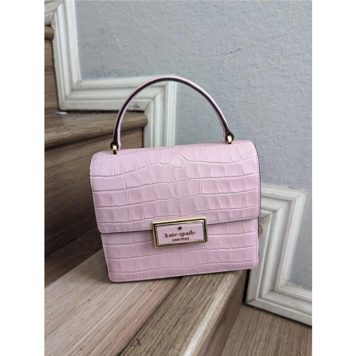 Kate Spade KE619 Reegan Croc Embossed Top Handle Crossbody Quartz Pink