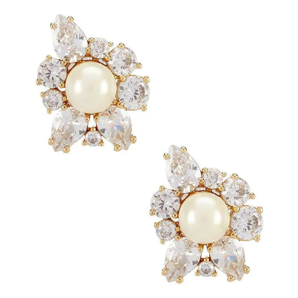 Kate Spade “flying Colors” Earrings Clear/gold Crystal Pearl Stud Bridal