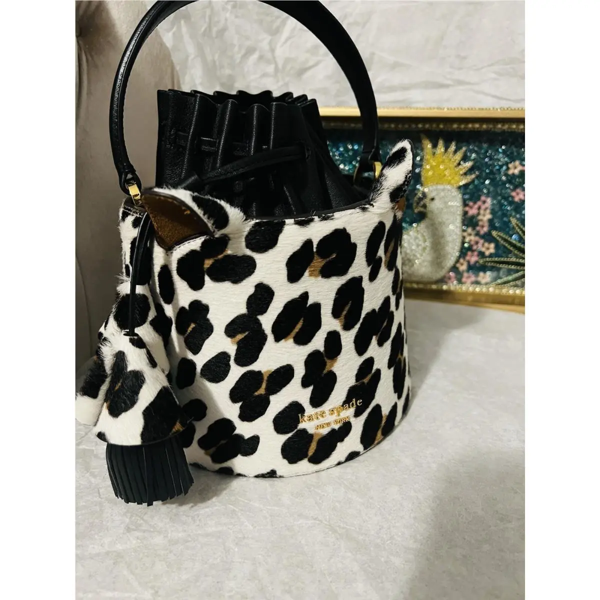 Kate Spade Buttercup Leopard Haircalf Small Bucket Bag Leather Black Handbag New
