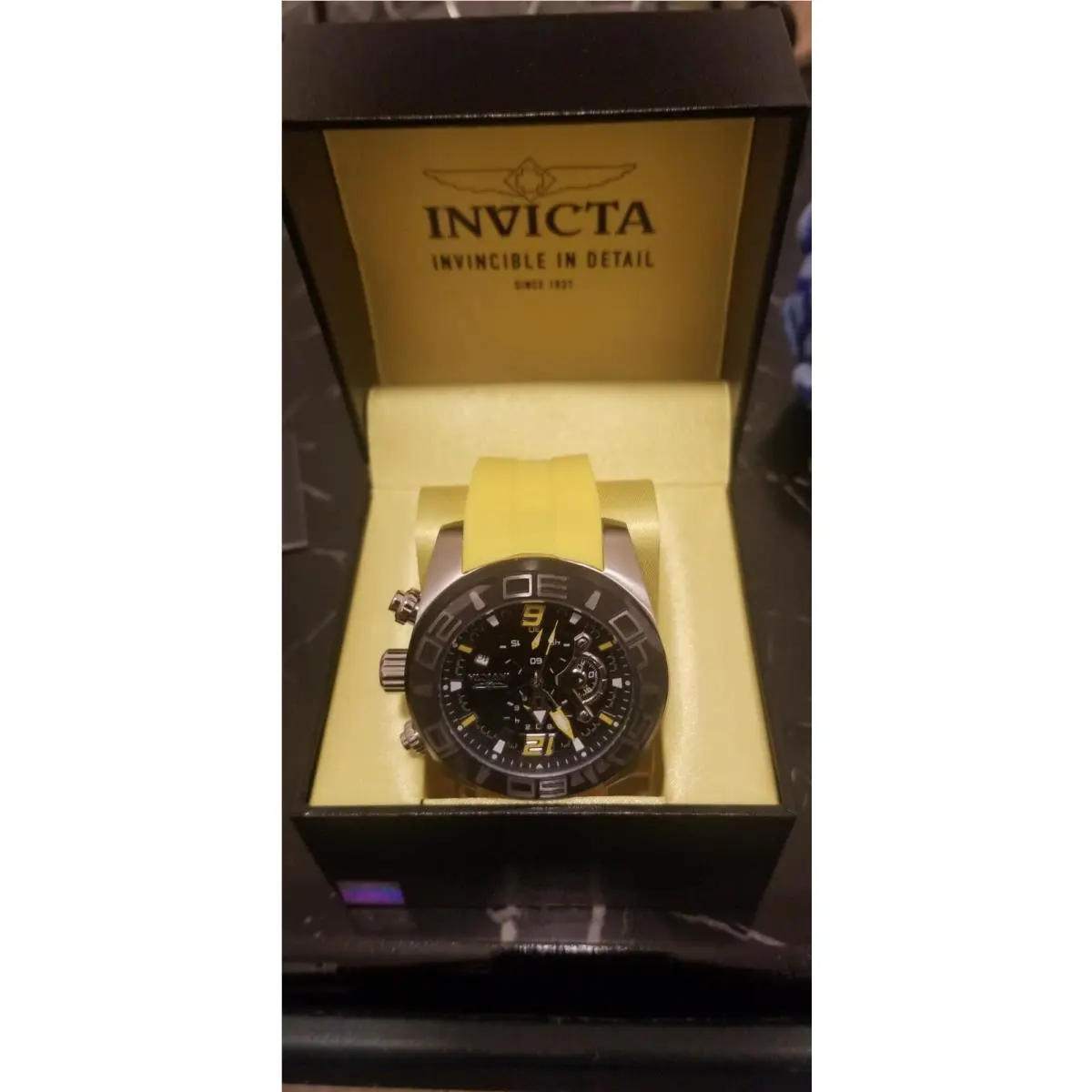 Invicta Men`s 50mm Pro Diver Black Dial Lemon Yellow Silicone Strap Chrono Watch