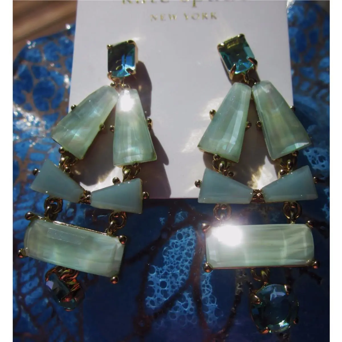 Huge Aqua  NY 14K Gold- Plated Beach Glass Gem Statement Earrings by Kate Spade
