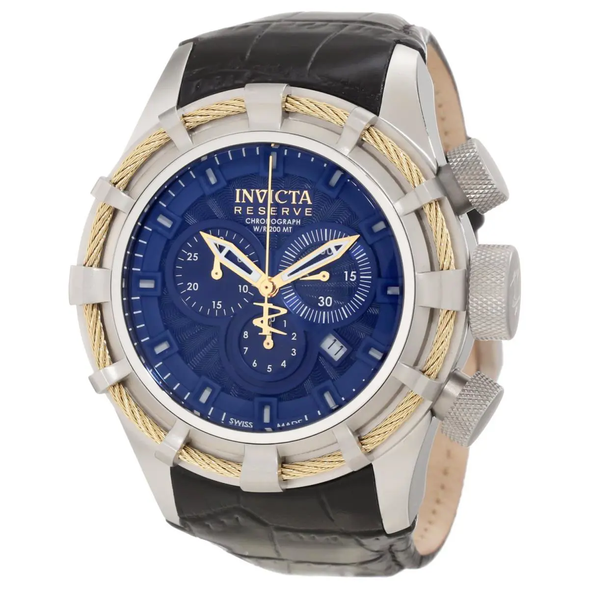Swiss Made Invicta 11045 Reserve Bolt Chronograph Two-tone Blue Dial Men`s Watch - Dial: Blue, Band: Black