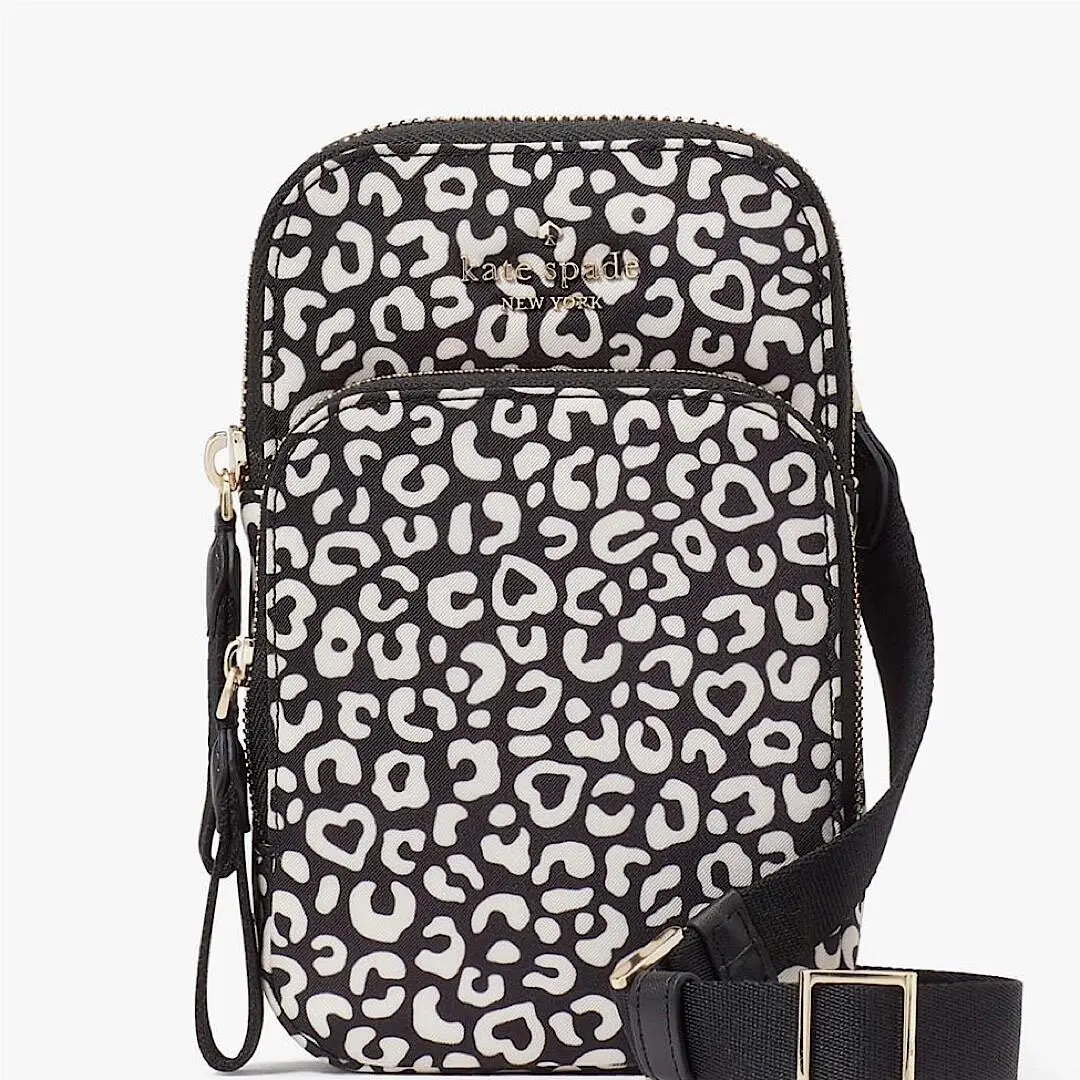 New Kate Spade Chelsea Phone Crossbody Black White Animal Leopard Nylon