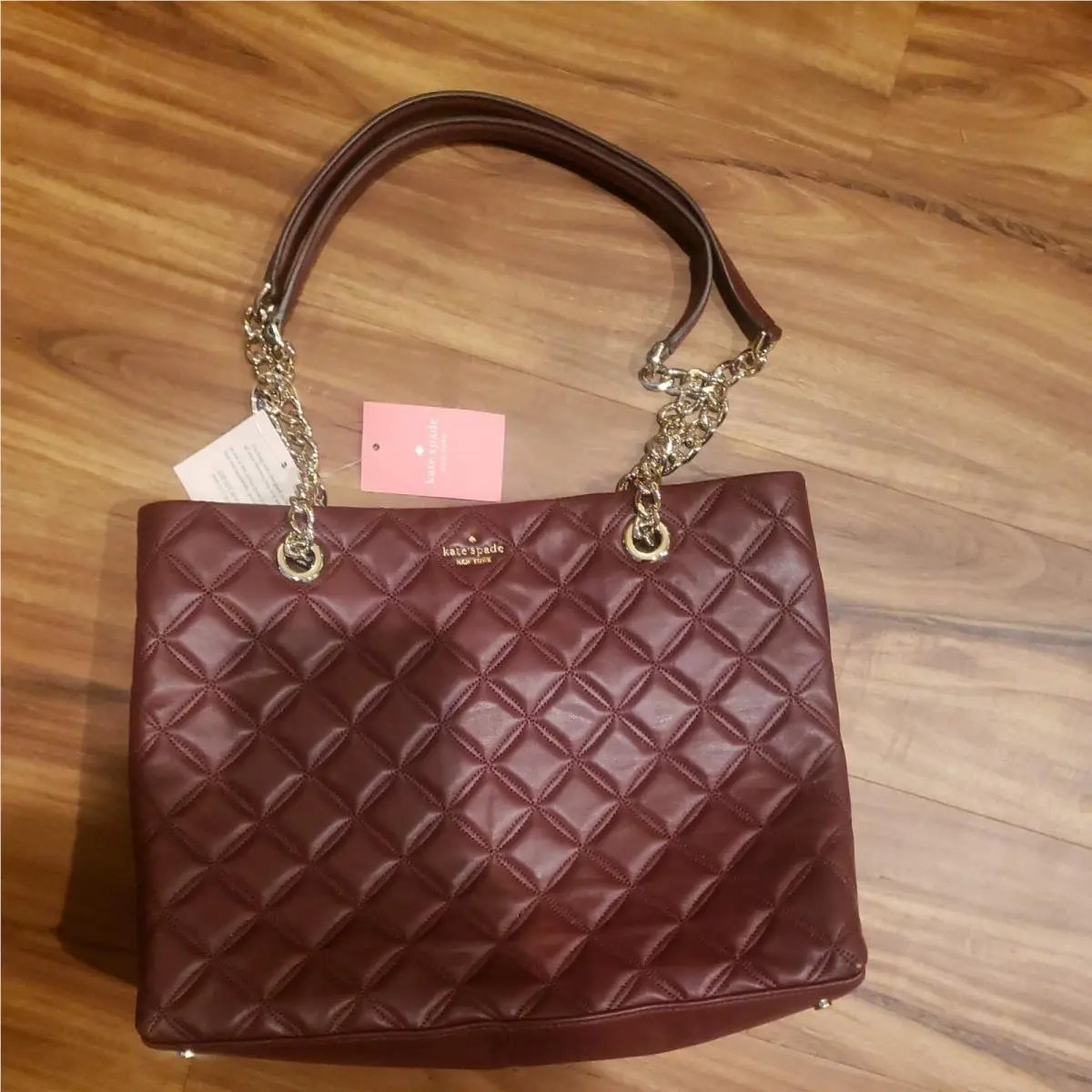 Kate Spade York Natalia Quilted Chain Leather Shoulder Tote Bag Burgundy