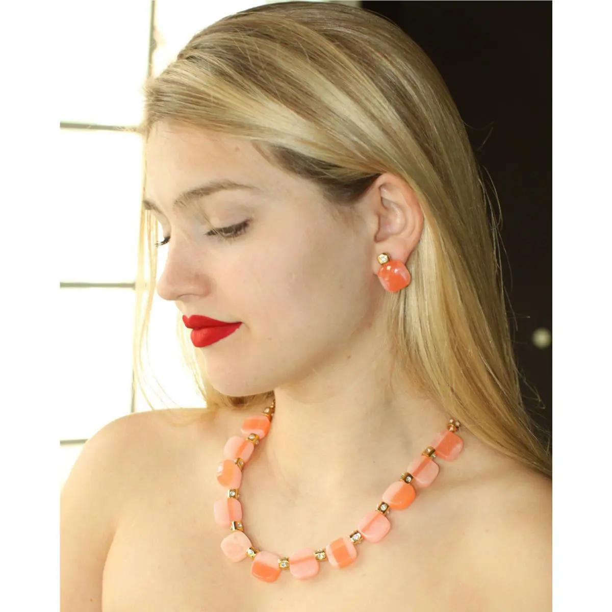 Kate Spade Peach Orange Pink Color Block Earrings Necklace Set Gold Colorblock