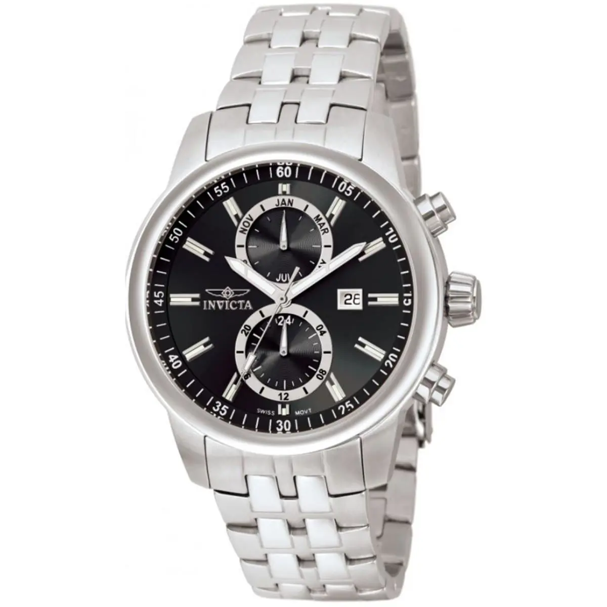 Invicta 0250 Men`s Specialty Chronograph Black Dial Stainless Steel - Dial: Black, Band: Silver, Bezel: Silver