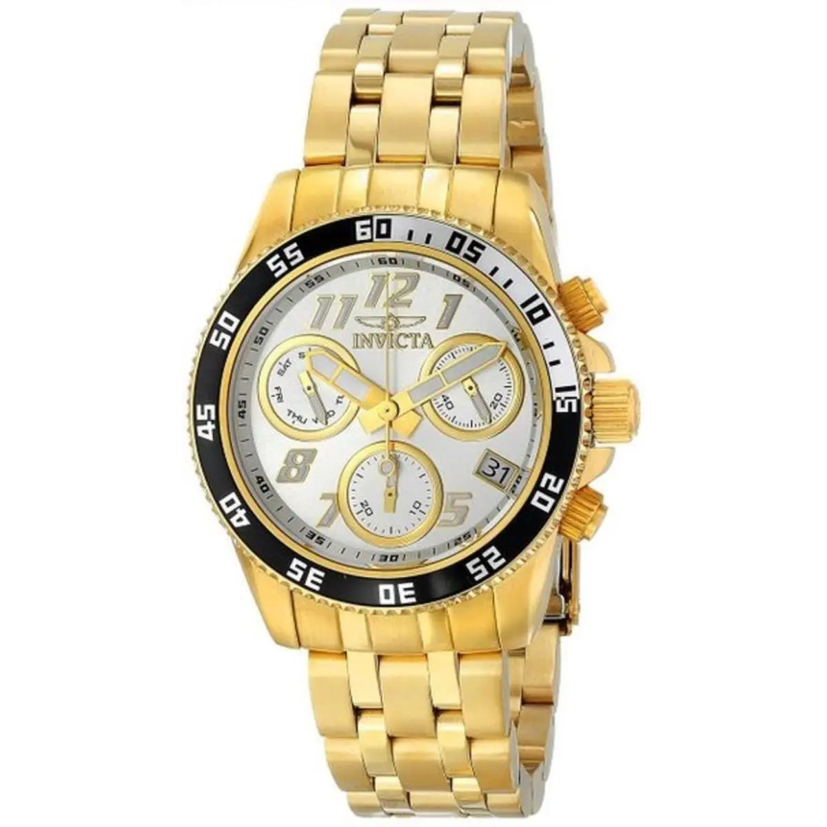 Invicta 15512 Pro Diver Swiss Chronograph Day Date Multifunction 40mm Mens Watch - Dial: Gold, Band: Gold, Bezel: Black, Silver