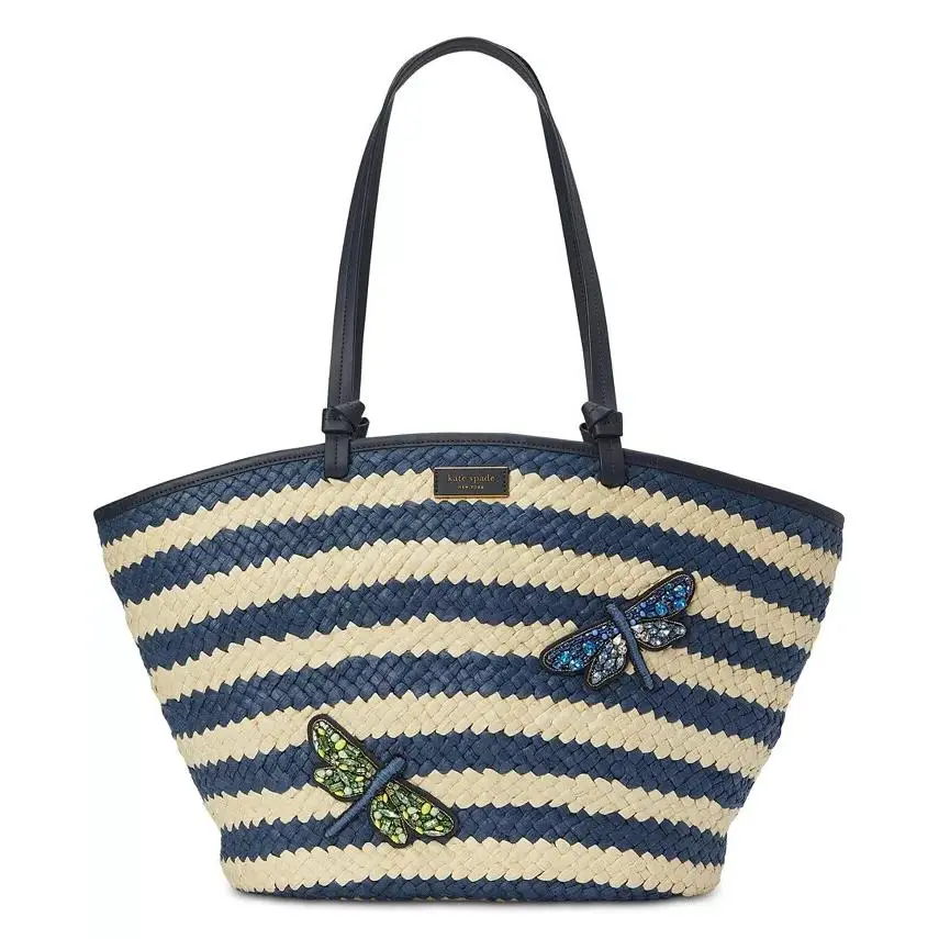 Kate Spade Shore Thing Dragonfly Embellished Striped Straw Large Tote