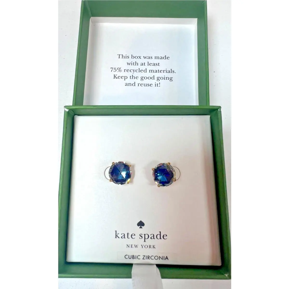 Kate Spade Crystal Stud Earrings Round Blue Gold Plate Bright Ideas Boxed New