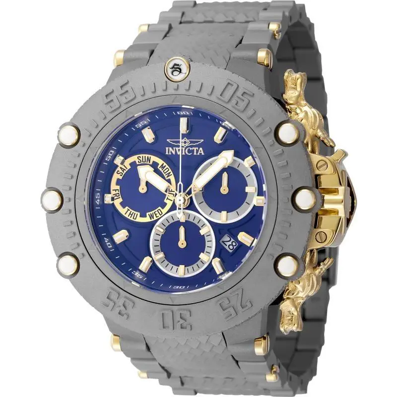 Invicta Mens 52mm Subaqua Swiss Quartz Chronograph Titanium Gold Blue 200m Watch - Dial: Titanium, Gold, Blue, Band: Titanium, Bezel: Gold