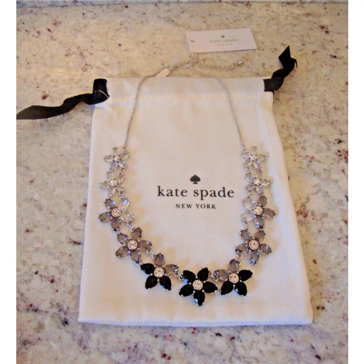 Kate Spade Flower Statement Necklace Black Glass Stone Bed OF Roses w/ Pouch