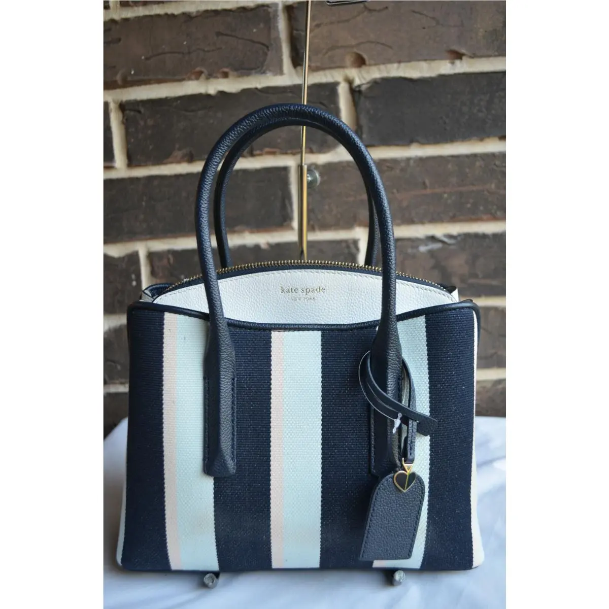 Kate Spade Margaux Leather Canvas Stripe Medium Satchel Navy Blue Multi