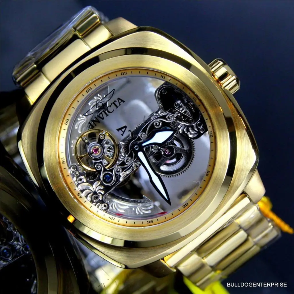 Mens Invicta Aviator Ghost Bridge Mechanical Skeleton Gold Plated 48mm Watch