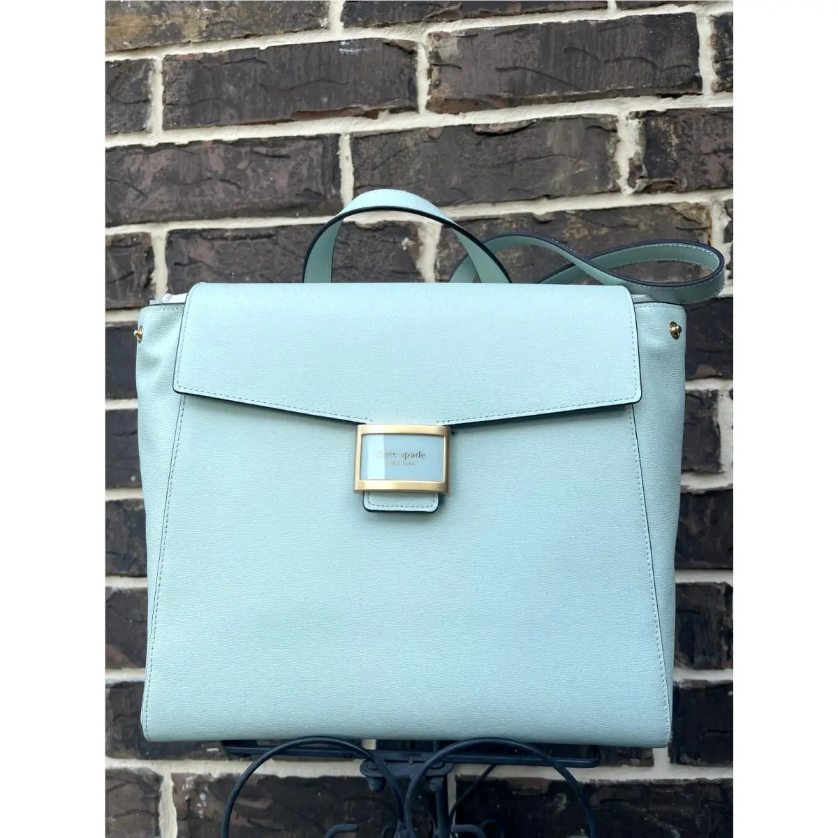 NWT$398 Kate Spade Katy Backpack Medium Flap Leather Crystal Blue Greenish Faded