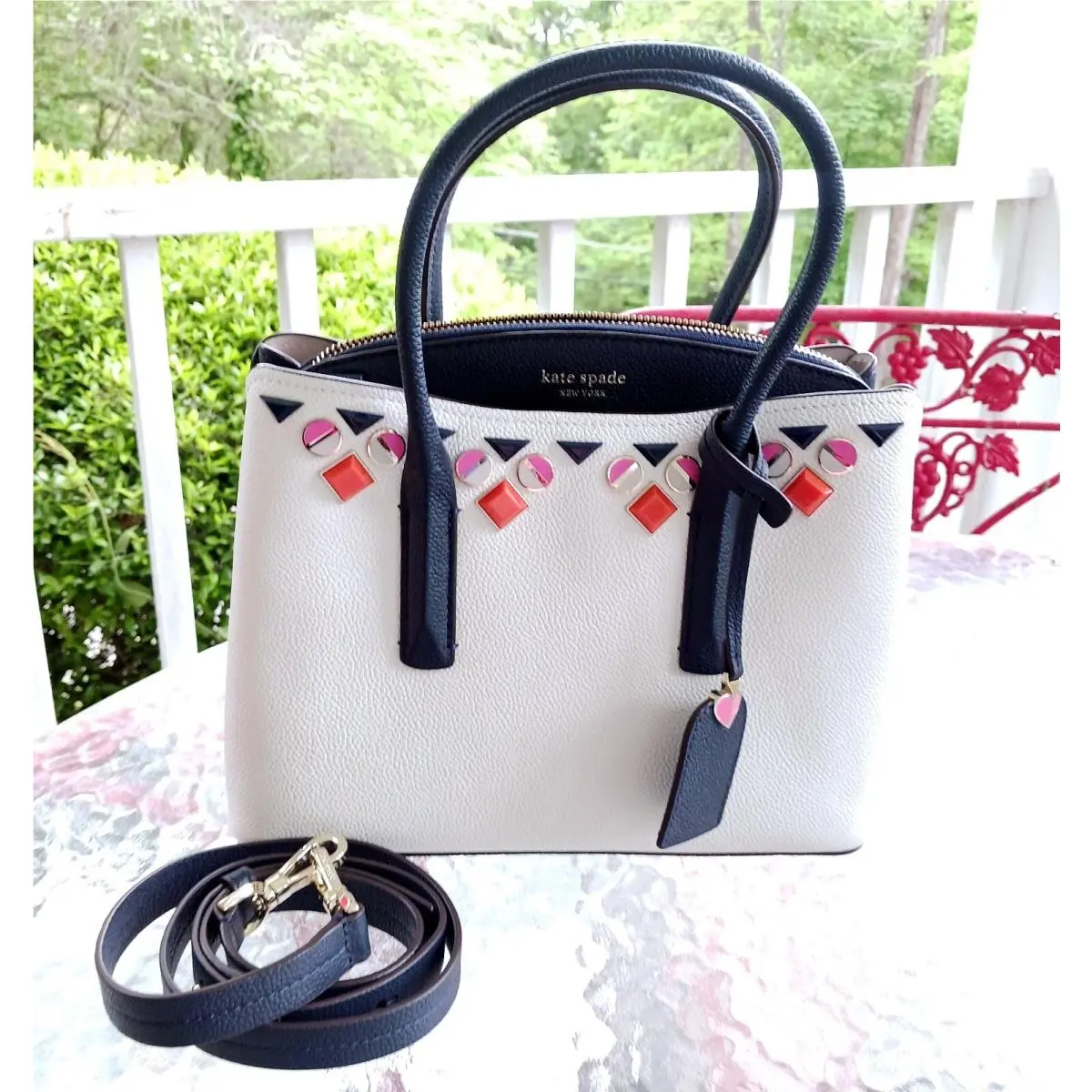 Kate Spade Margaux Cream Navy Jeweled Leather Satchel/crossbody Optic White