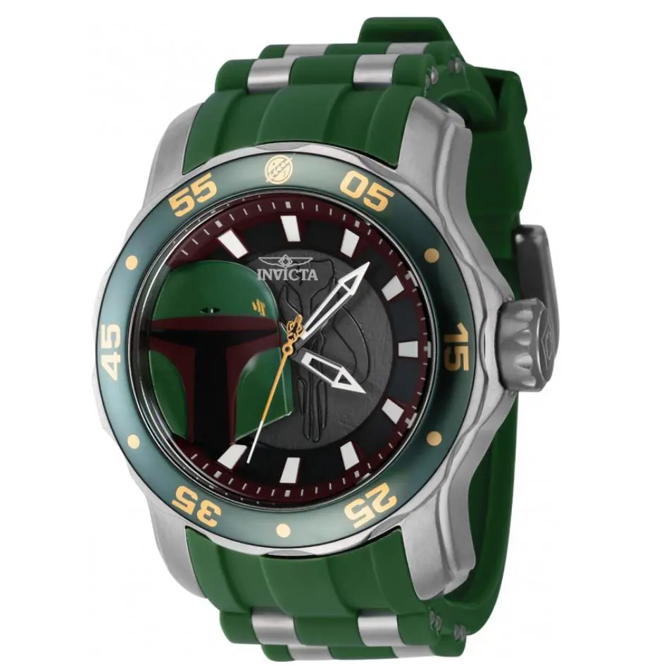 Invicta Star Wars Boba Fett Mens 48mm Limited Edition Antique Silver Watch 39541 - Dial: Black, Gray, Green, Multicolor, Red, Band: Green, Bezel: Green, Yellow
