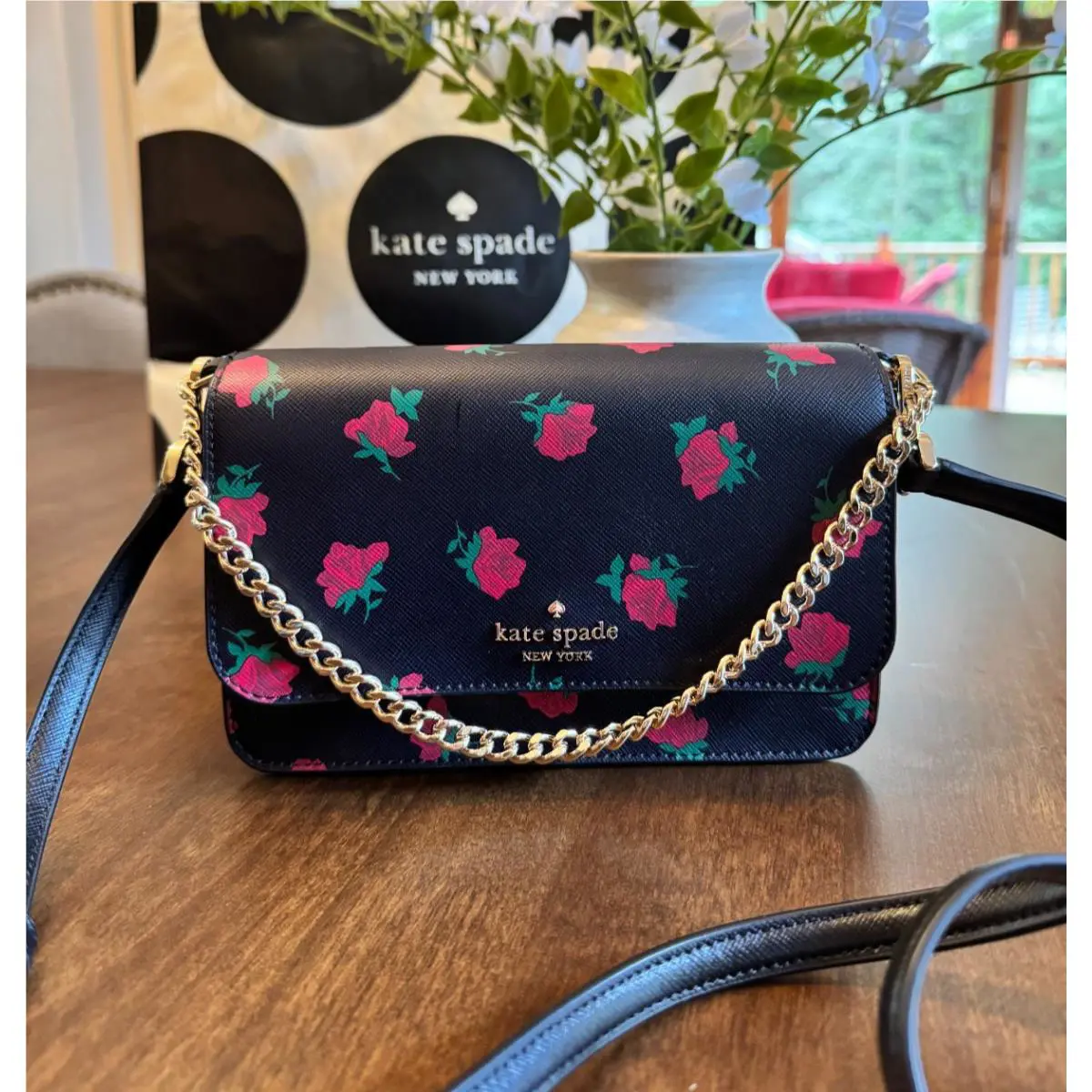 Kate Spade Madison Rose Toss Printed Small Flap Crossbody KE643 Black Red Floral