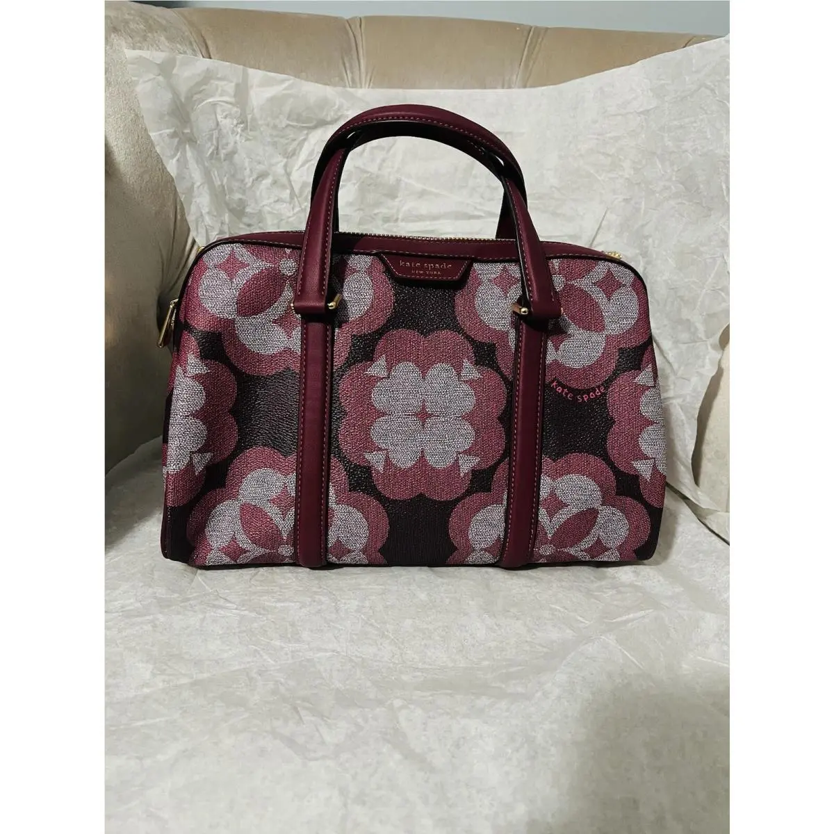 Kate Spade Spade Flower Medium Monogram Bag Handbag Burgundy Satchel New