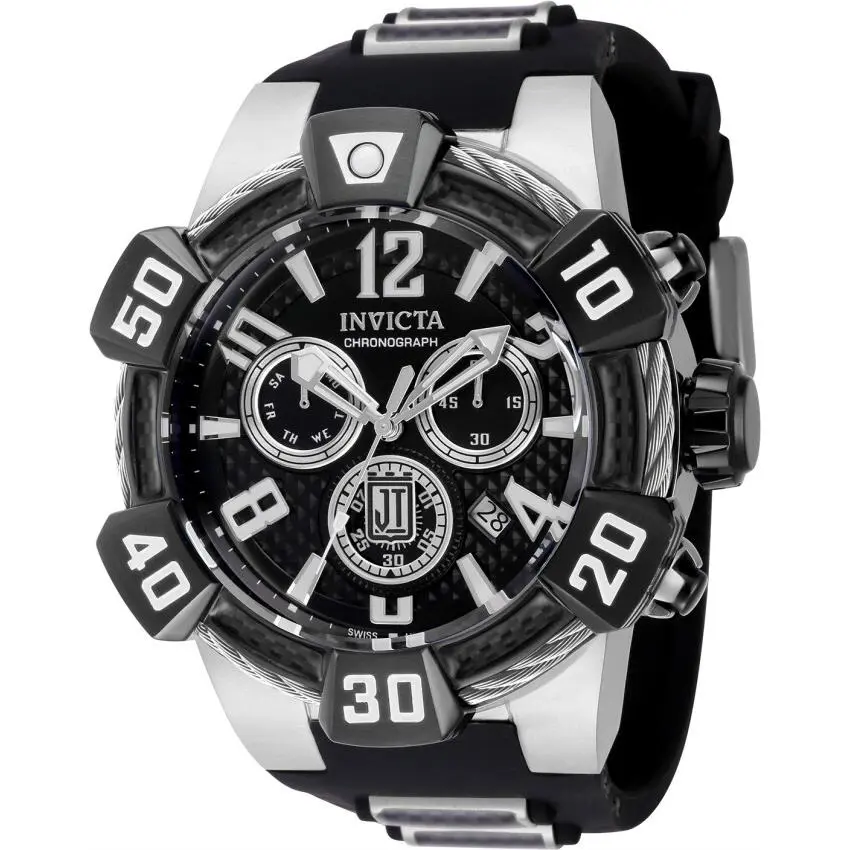 Invicta 40441 Jason Taylor Chronograph Quartz Black Dial Men`s Round Watch - Black, Dial: Black, White, Band: Black, White