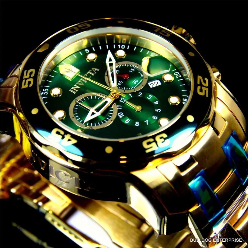 Mens Invicta Pro Diver Scuba 18kt Gold Plated Chronograph Green 48mm Watch