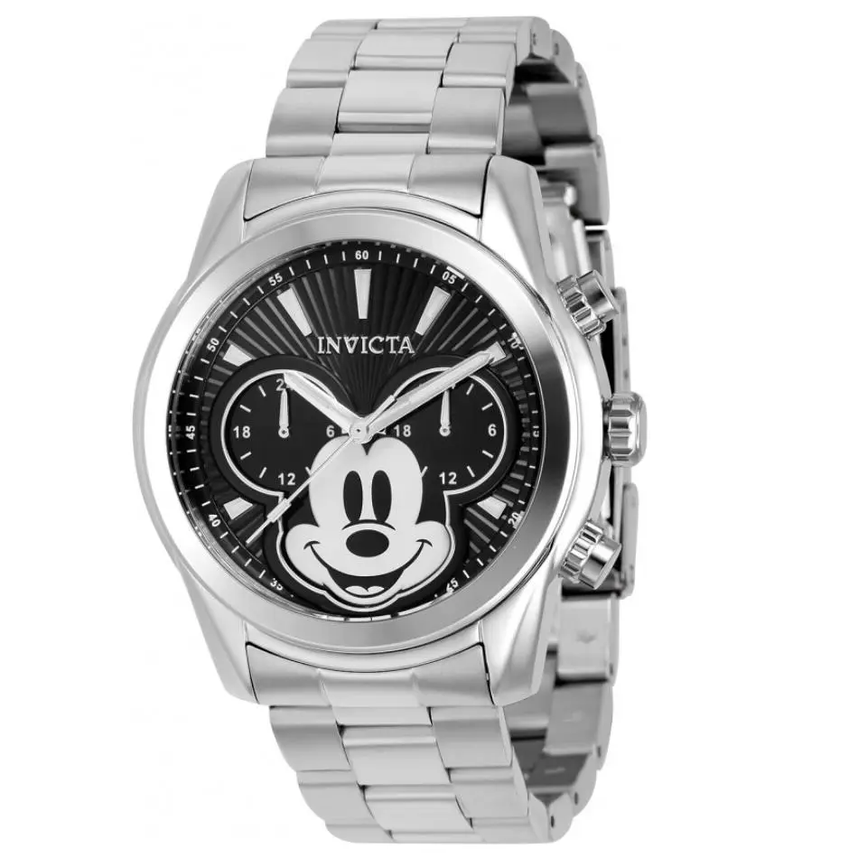 Invicta Disney Men`s 44mm Mickey Silver Dual-time Limited Edition Watch 37816 - Dial: Black, White, Band: Silver, Bezel: Silver