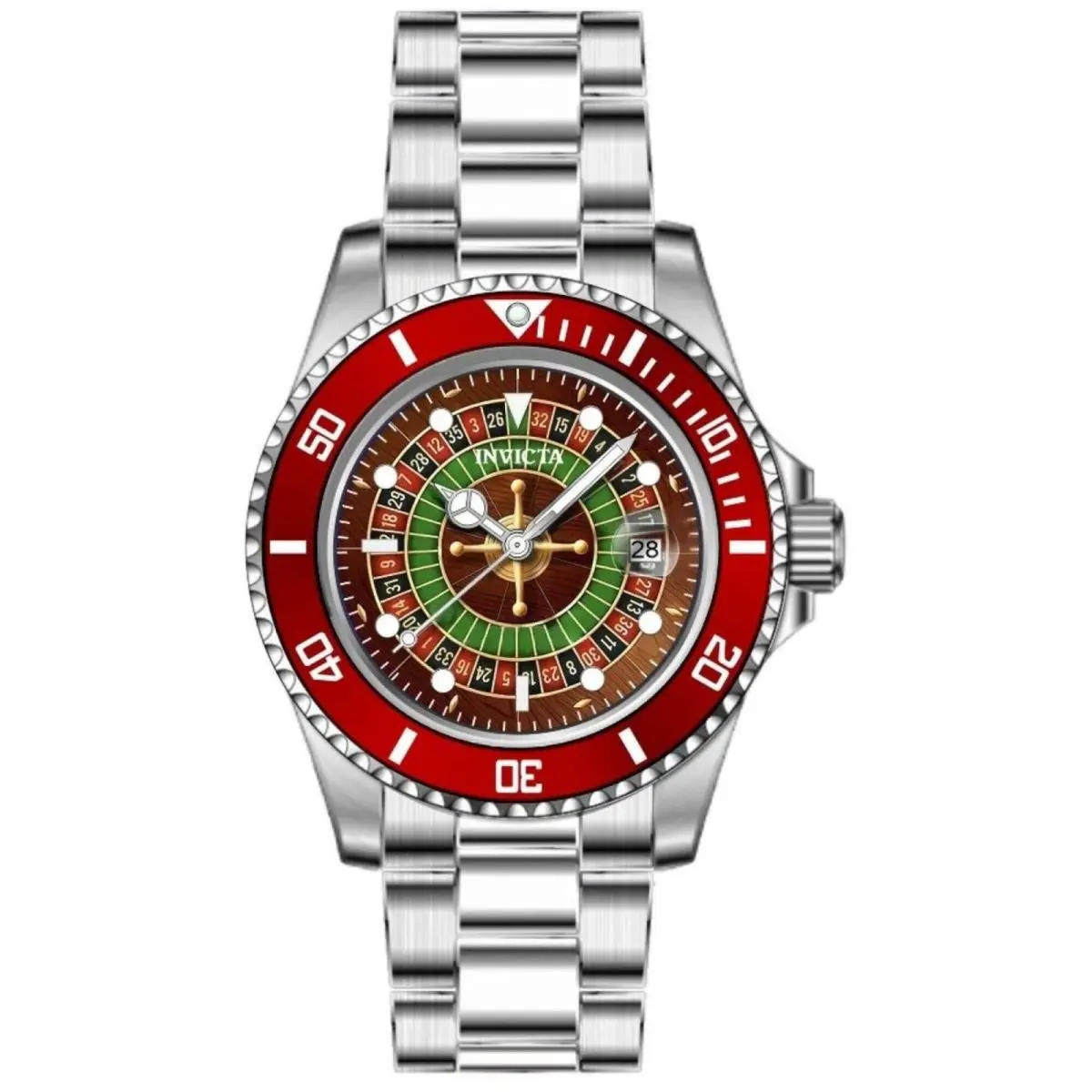 Men`s Watch Pro Diver Black Green Red Dial Silver Tone Bracelet 50519 by Invicta