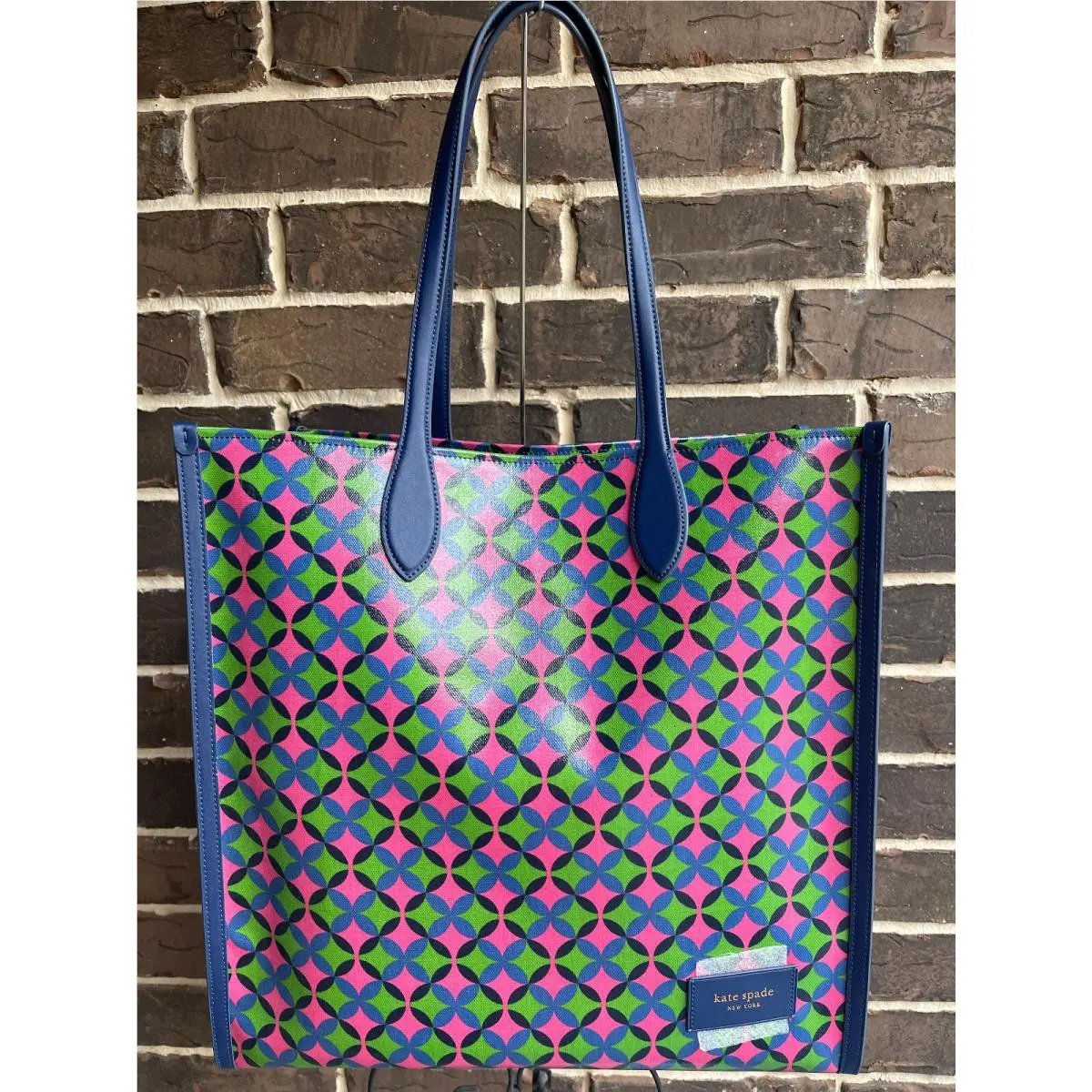 Kate Spade Gotham Patio Tile Printed Large Canvas Tote XL Pink Cloud Green