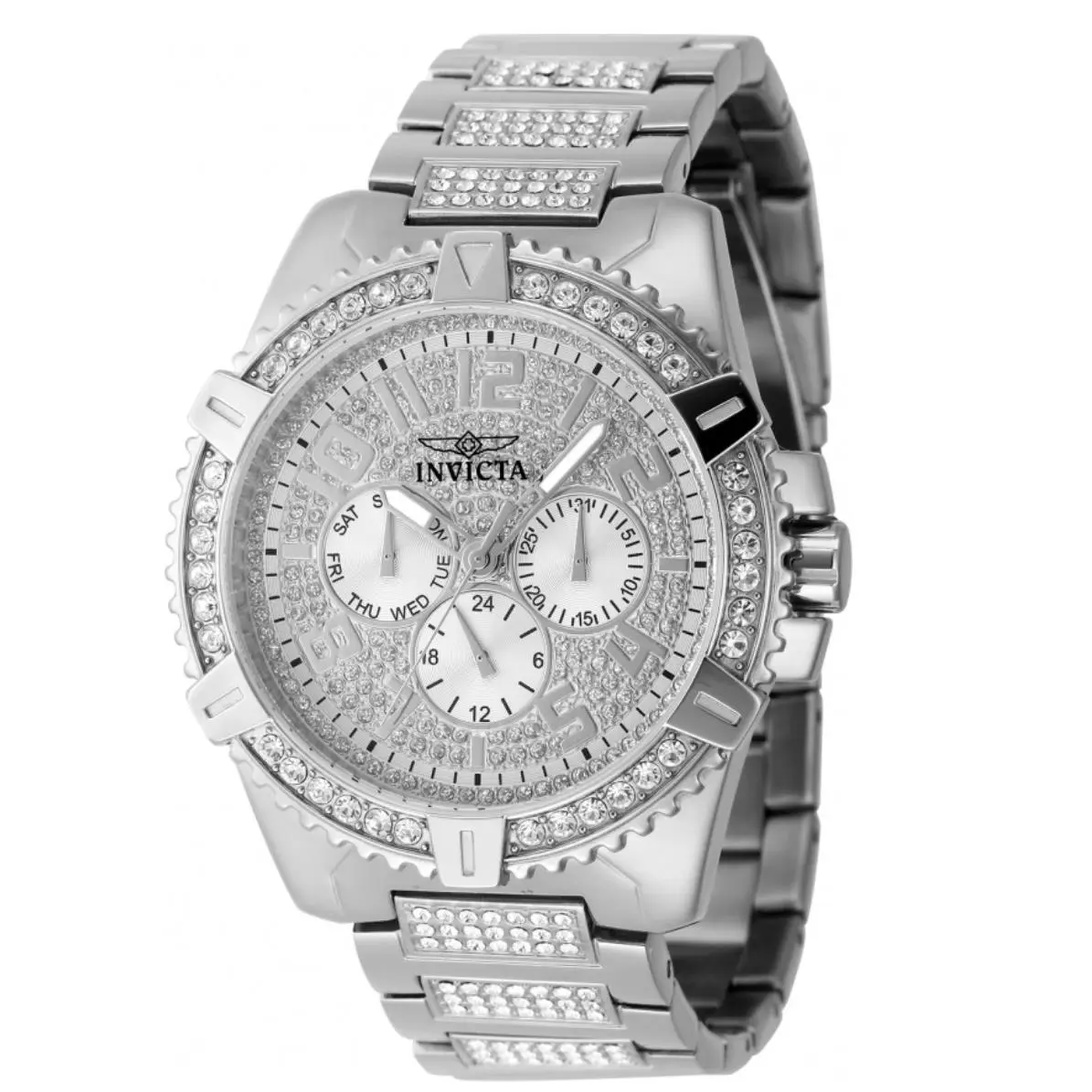 Invicta Celestial Men`s 45mm Luxe Pave Crystal Multi-function Quartz Watch 48560 - Dial: Silver, White, Band: Silver, White, Bezel: Silver, White
