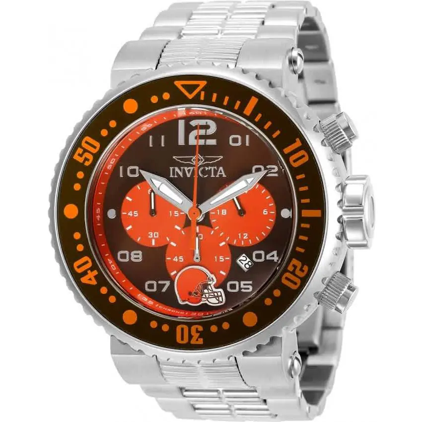 Invicta Nfl Cleveland Browns Chronograph Quartz Men`s Watch 30262 - Dial: Brown, Band: Silver-tone, Bezel: Brown and Orange and Steel