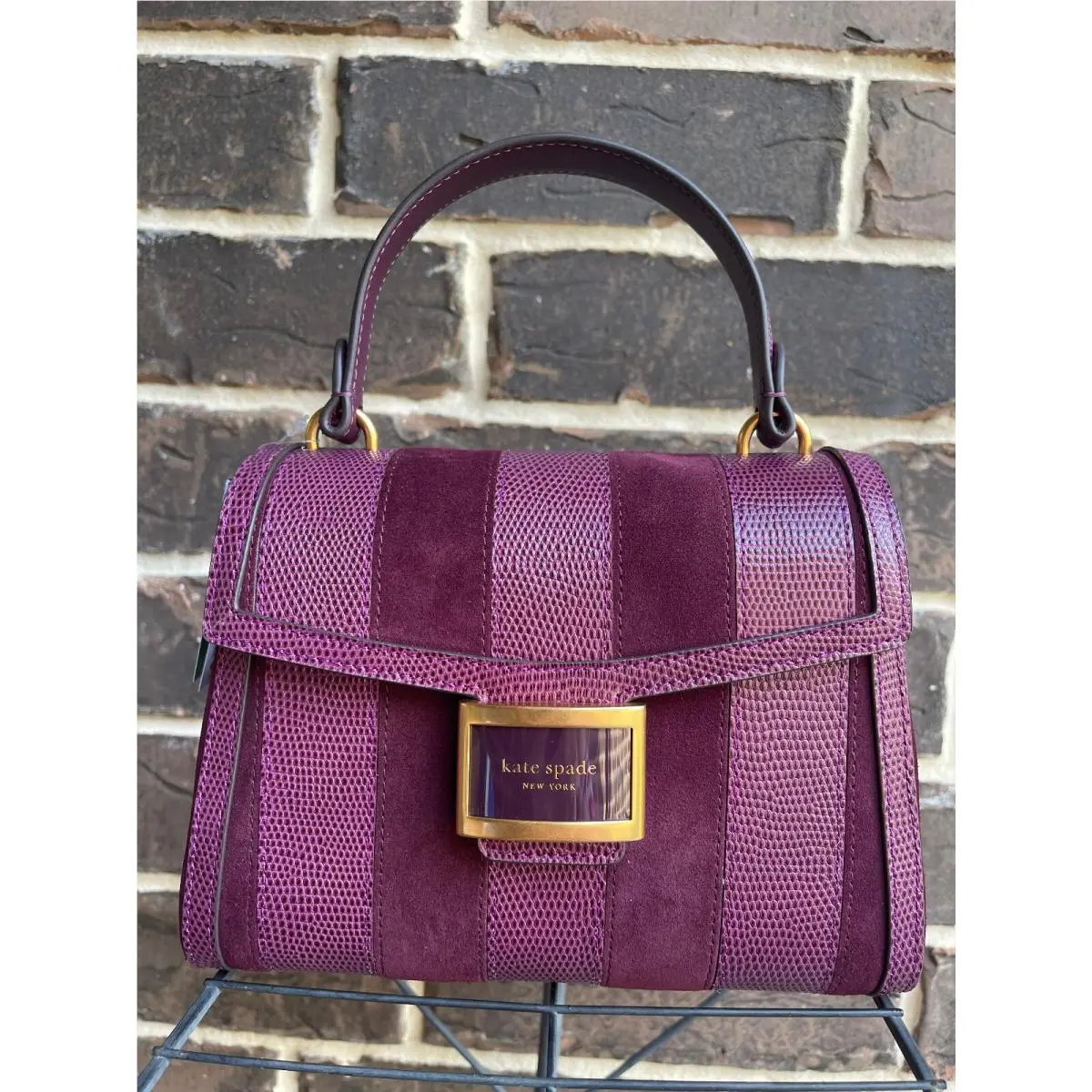 Kate Spade Katy Striped Lizard-embossed Small Top-handle Bag Burgundy